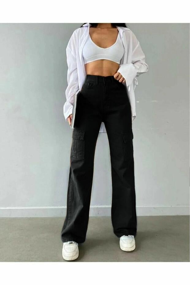 Black Extra High Waist Lycra Cargo Pocket Wide Leg Palazzo Jean Trousers