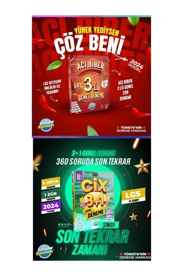 ÜNLÜLER YAYINLARI  8 LGS ACI BİBER 3'LÜ GENEL DENEME + CİX 3+1 GENEL DENEME 2 Lİ SET - 1