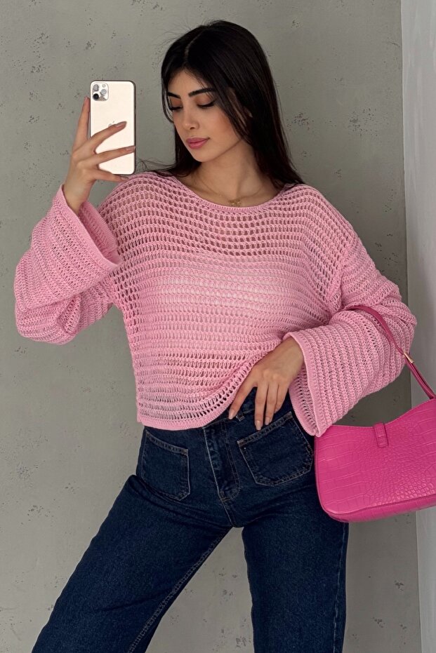 Women's Standard Size Long Sleeve Openwork Loose Eyelet Mesh Blouse