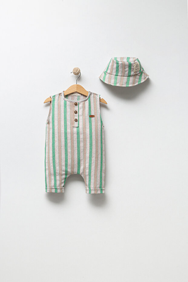 Linen Striped Hat Jumpsuit Set 8003
