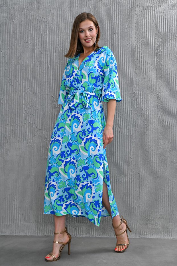 Women's Stretchy Viscose Fabric Floral Patterned Sash Detailed Side Slits Midi Length Blue Dress 101
