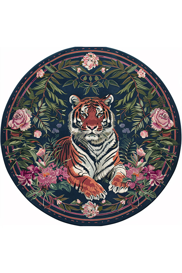 Fiorella 7004 Round Printed Carpet with Navy Blue Tiger and Botanical Figures