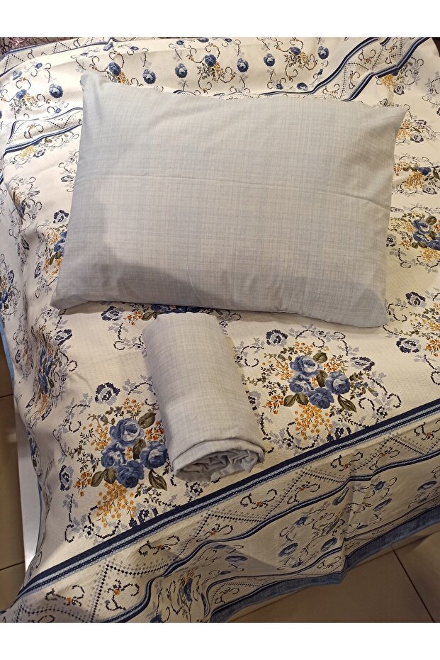 Bouquet Patterned Bed Sheet with Elastic Single Pique Set - Blue