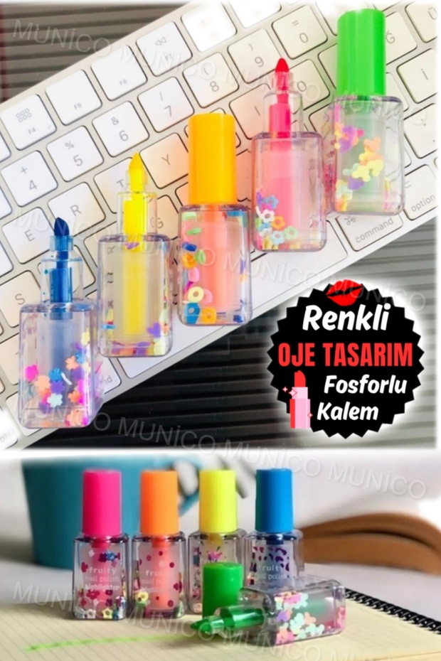 Oje Görünümlü Tatlı Sevimli Şık 5 Adet Oje Görünümlü Fosforlu Kalem Seti Çocuklara Kızlara Kalem - 8