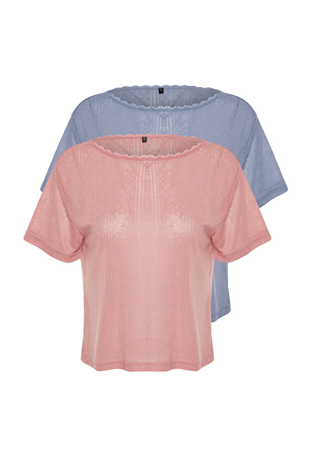 Çok Renkli 2'li Paket Pointel Ajurlu/Delikli Örme Pijama Üstü THMSS24PT00276 - 8