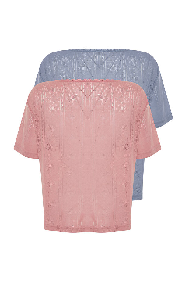 Çok Renkli 2'li Paket Pointel Ajurlu/Delikli Örme Pijama Üstü THMSS24PT00276 - 9