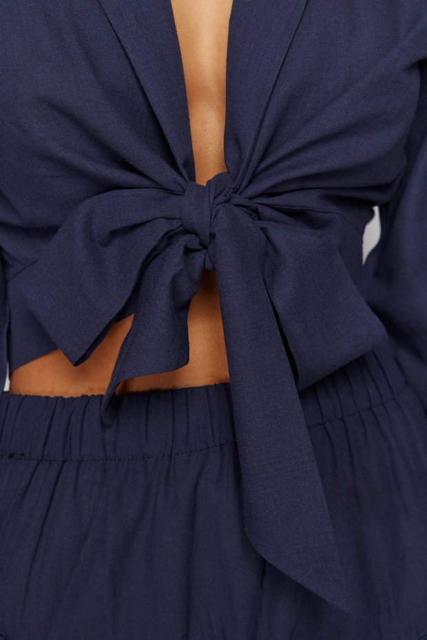 Lacivert Dokuma Bağlamalı Plaj Crop Bluz TBESS24BZ00006 - 5