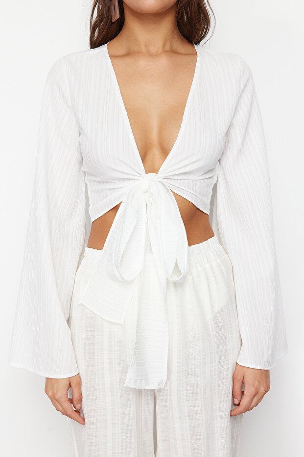 Plaj Giyim Beyaz Dokuma Crop Bluz TBESS24BZ00010 - 4