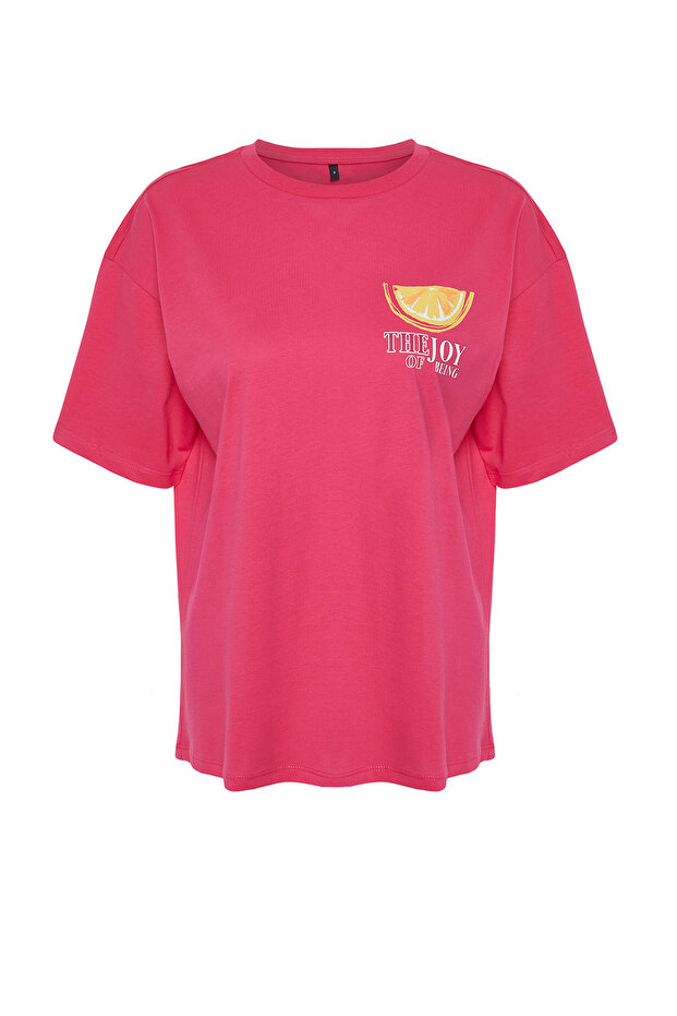Fuşya Pembe %100 Kalın Pamuklu Sırt ve Ön Baskılı Oversize/Rahat Kesim Örme T-Shirt TWOSS24TS00233 - 7