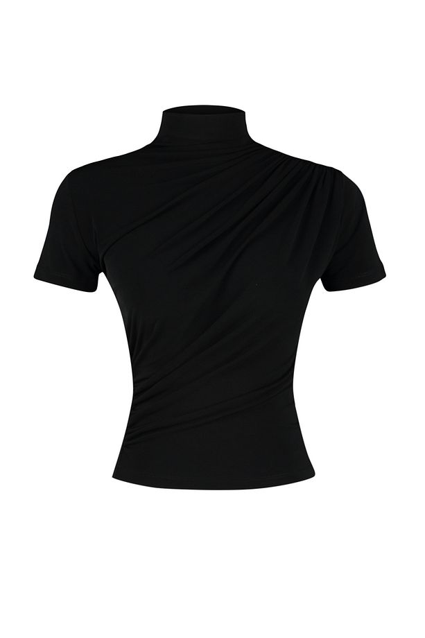 Siyah Büzgü/Drape Detaylı Fitted/Vücuda Oturan Kısa Kollu Dik Yaka Esnek Örme Bluz TWOSS24BZ00426 - 7