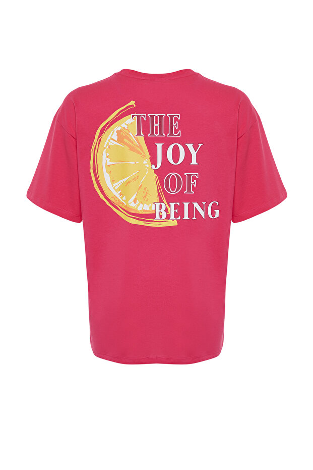Fuşya Pembe %100 Kalın Pamuklu Sırt ve Ön Baskılı Oversize/Rahat Kesim Örme T-Shirt TWOSS24TS00233 - 8