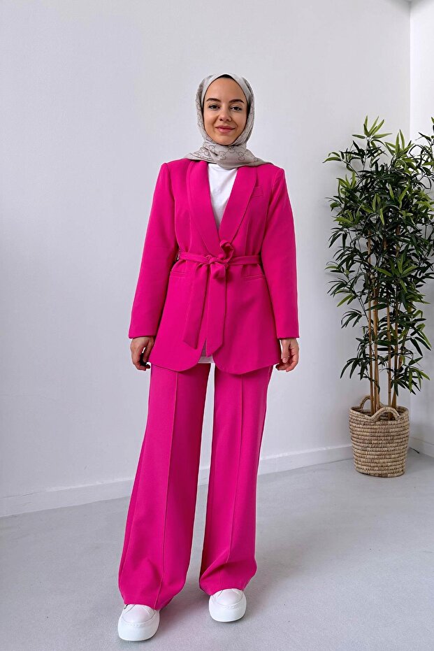 Padded Blazer Jacket Trousers Set - Fuchsia