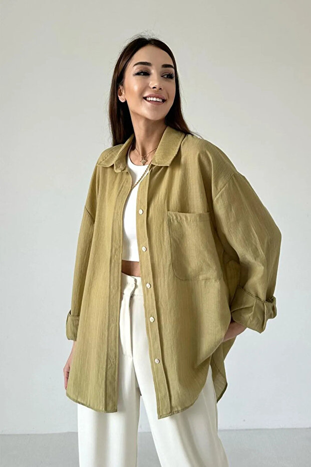 Düşük Omuzlu Kumaş Oversize Gömlek - 3