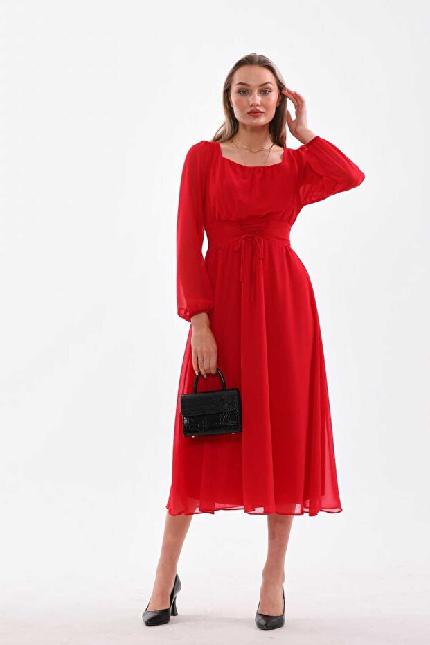 Belden İp Bağcılıklı Düz Şifon Elbise - 2