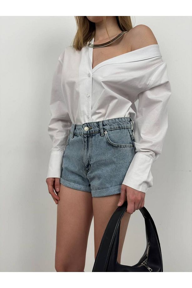 Kadın Yüksek Bel Duble Paça Denim Jean Şort - 7