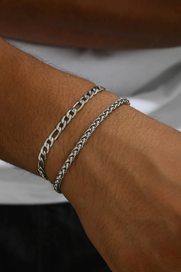 Men's Steel Non-Tarnish Double Figaro and Mesh Bracelet - Imported Non-Tarnish Steel Men's Chain