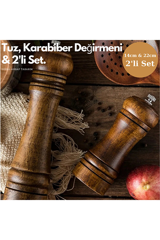 Premium Quality 2Liset 14Cm+22Cm Natural Wood Mill Spice Grinder Black Pepper Salt Coffee