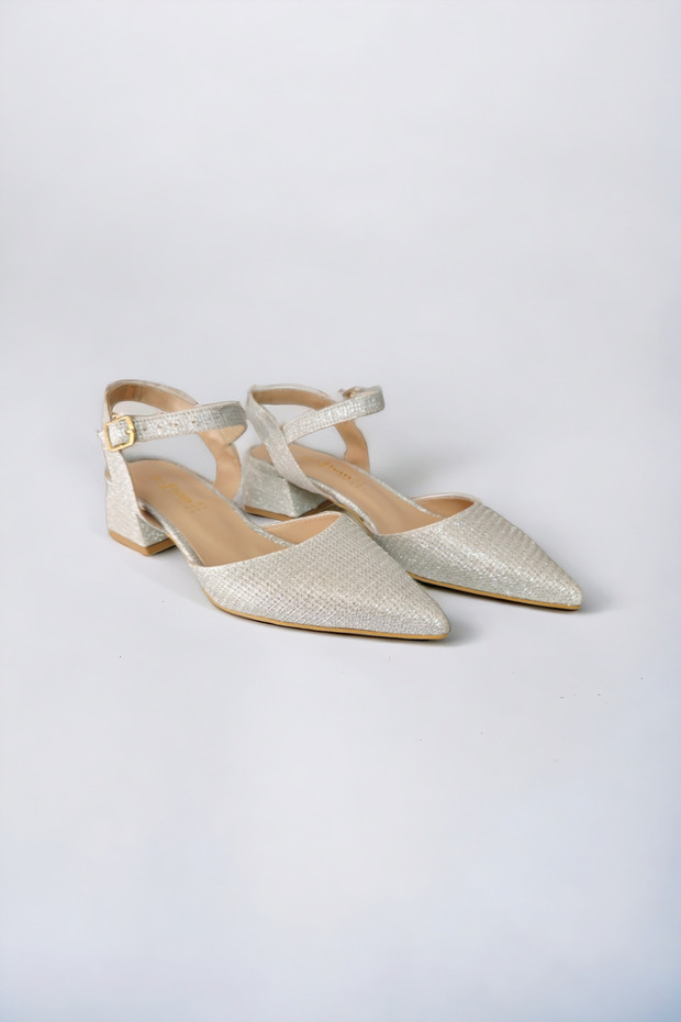 Women's Short Heeled Evening Dress Shiny Silver Stone Shoes