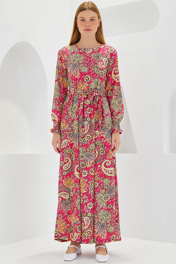 Kadın Pembe Çiçek Desenli Örme Tesettür Elbise 1525 - 1