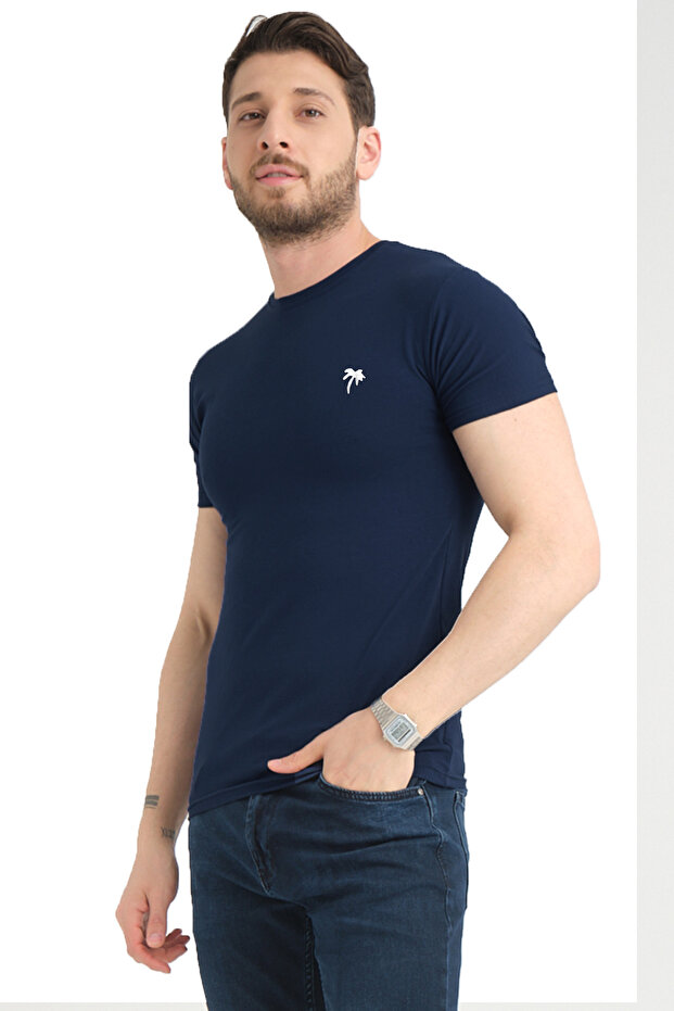 Men's Dark Navy Blue Crew Neck Lycra Cotton Short Sleeve T-shirt