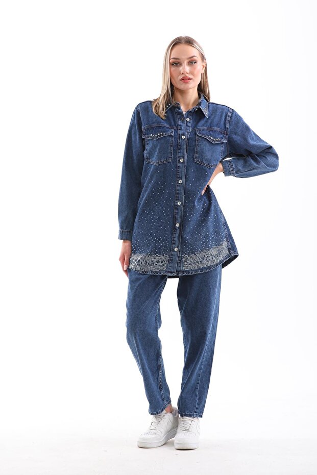 Women's Stone Embroidered Hijab Jeans Jean Top and Bottom Set Dark Blue
