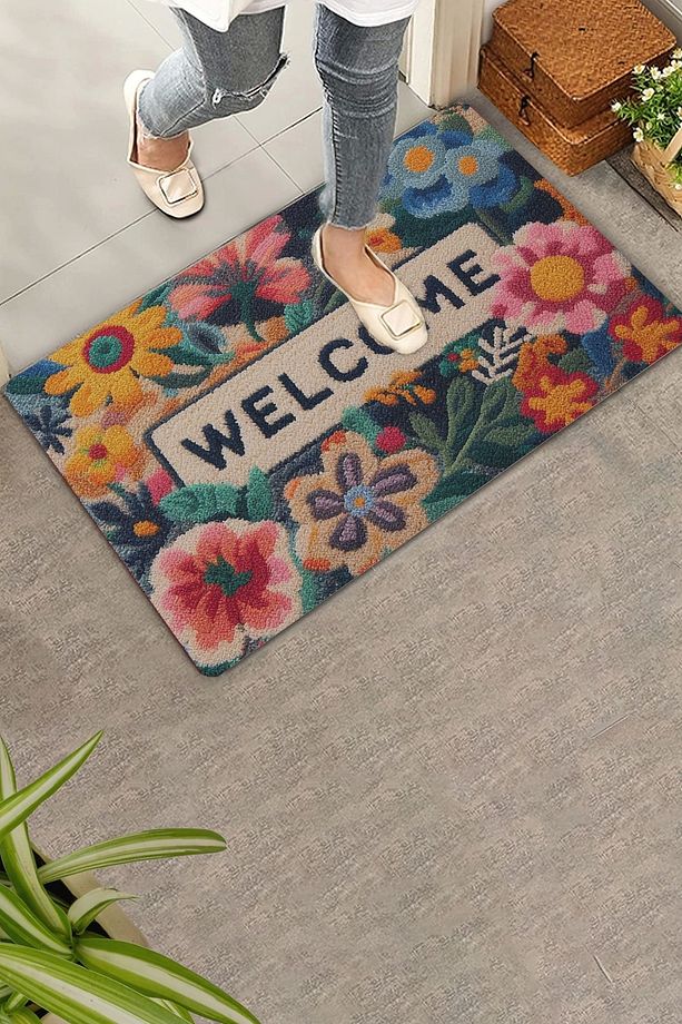 Çiçekler ve Sarı Papatyalı Welcome Kapı Önü Paspası 45x70cm - 1