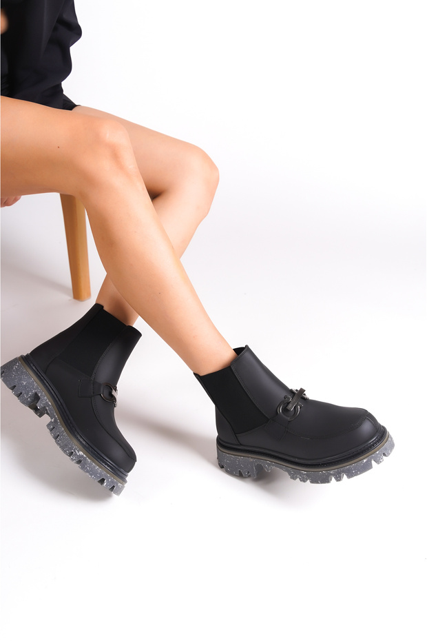Women's Boots with Elastic Sides, Front Metal Buckle and Trak Sole