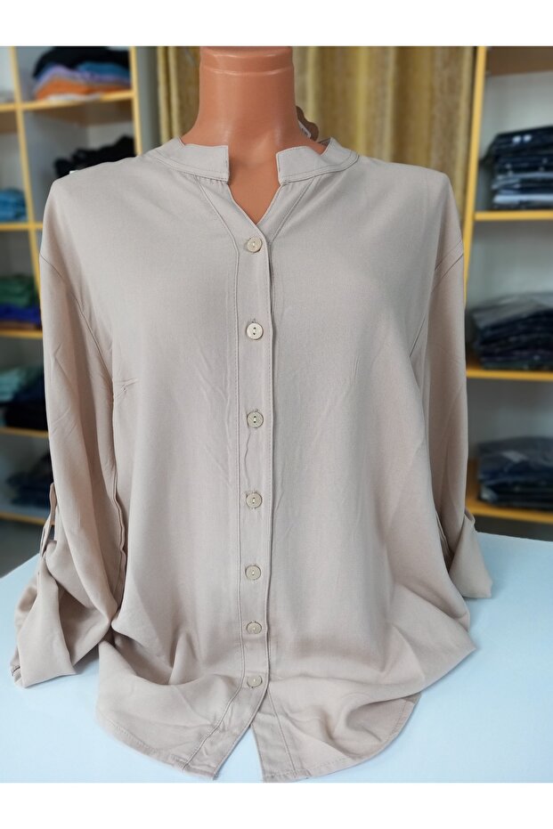 Plus Size Women's 100% Cotton Viscose Foldable Sleeve Judge Collar Classic Shirt