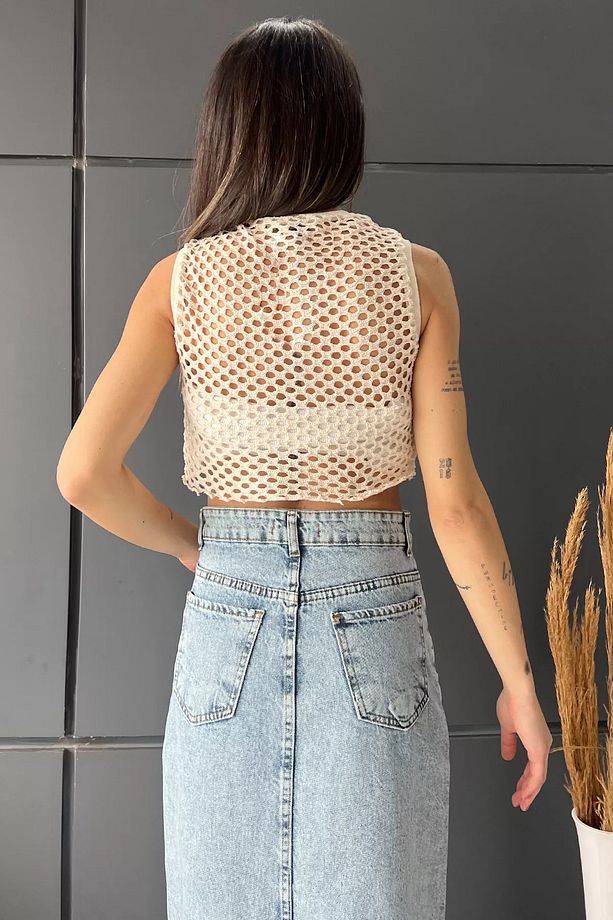 Taş Bisiklet Yaka File Kadın Crop Top Örme Süveter - 4