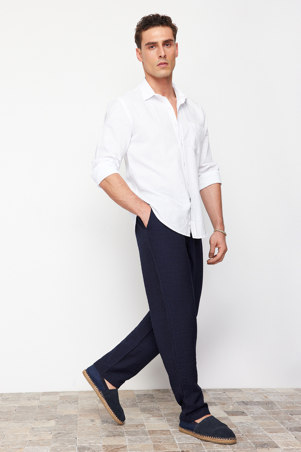 Lacivert Tapered Lastikli Beli Bağlamalı Keten Görünümlü Pantolon TMNSS20PL0547 - 3