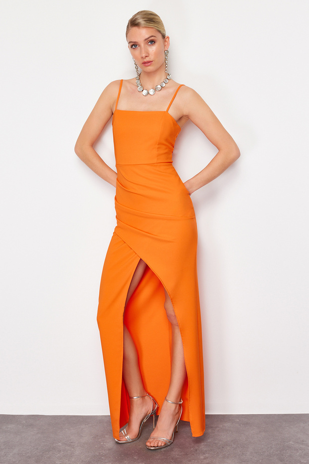 Oranžové tkané dlouhé elegantní večerní šaty TPRSS24AE00144 - 3