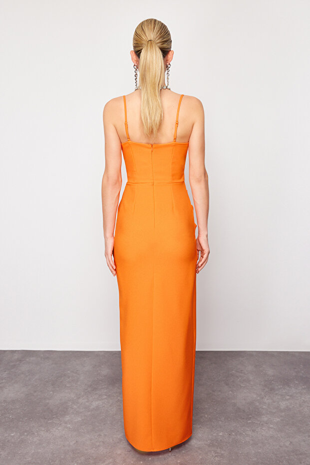 Oranžové tkané dlouhé elegantní večerní šaty TPRSS24AE00144 - 6