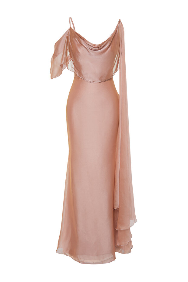 Carmen gallérú rózsaszín sifon hosszú estélyi ruha - TPRSS24AE00137 - 7