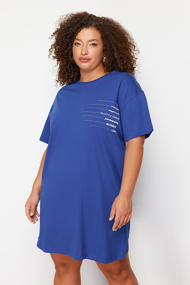 Mavi Bisiklet Yaka slogan Baskılı %100 Pamuk Örme Büyük Beden T-shirt Elbise TBBSS23AH00162 - 2