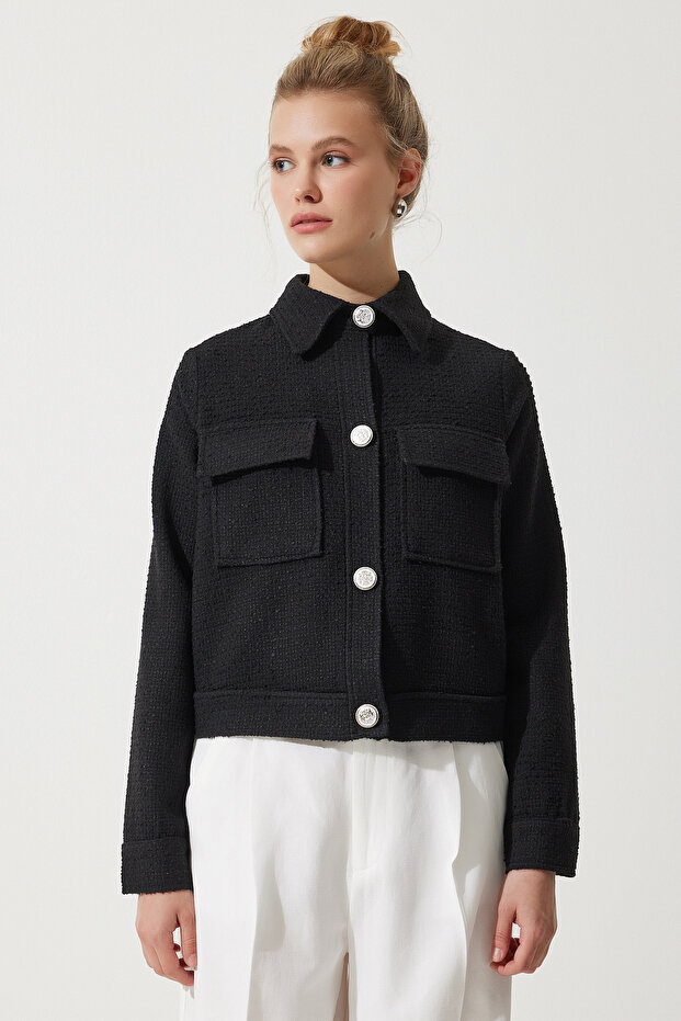 Women's Black Stylish Buttoned Woven Tweed Jacket with Pockets WF00063