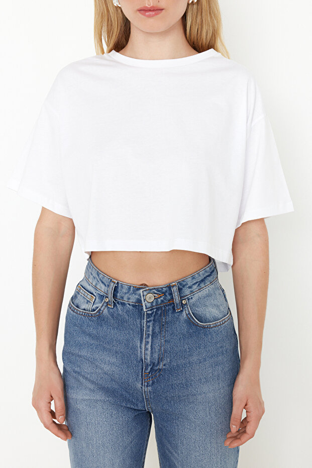 Siyah-Beyaz 2'li Paket %100 Pamuk Relax/Rahat Kesim Crop Örme T-Shirt TWOSS24TS00224 - 3