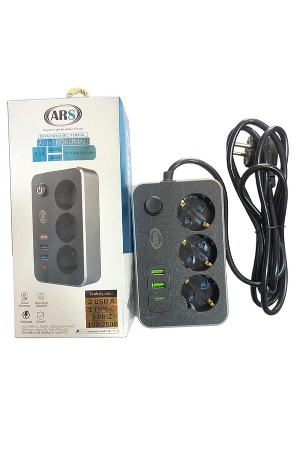 3 LU ANAHTARLI AKIM KORUMALI  2 MT  2USB 1 TYPE-C  3 PRIZ ARS - 4