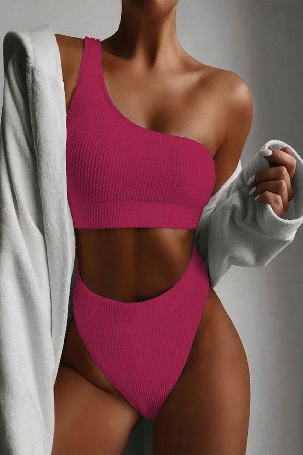 Yüksek bel tek omuzlu bikini takımı - 1