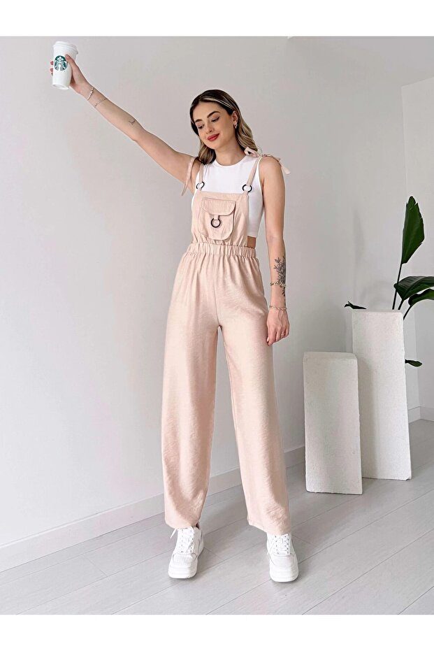 Woman's Beige Ring Detailed Elastic Waisted Gardener Salopet 6041