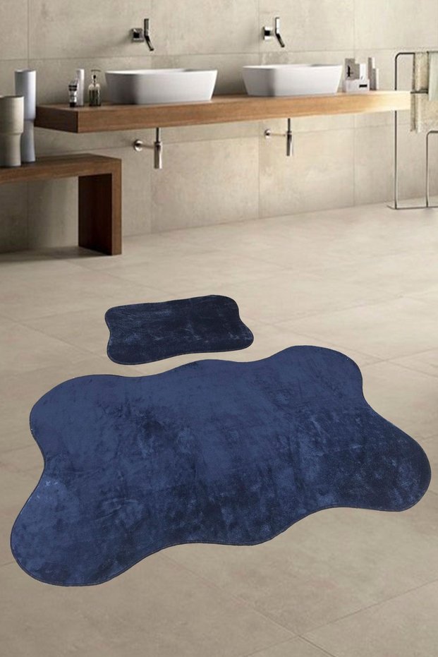 Asia 2-Piece Powder 80x140 50x70 Cm Large Size Bath Mat Set Non-Slip Base Toilet Seat Set DARK BLUE