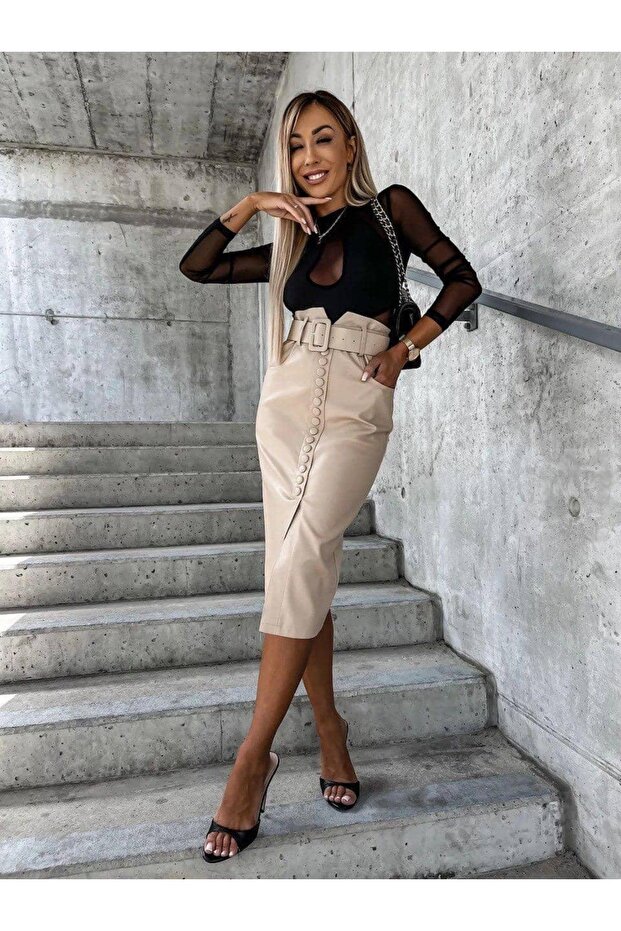 Krem Midi Deri Etek - 1