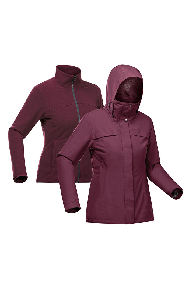 Decathlon Kadın 3'ü 1 Arada Su Geçirmez Outdoor Trekking Montu - Bordo - Travel 100 - 0°c