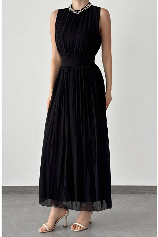 Black Lined Chiffon Fabric Stand Collar Back Low-cut Design Sleeveless Maxi Dress 099