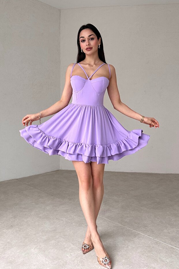 Women's Lilac Atlas Fabric Adjustable Strap With Chest Support Skirt Layered Design Mini Dress 098