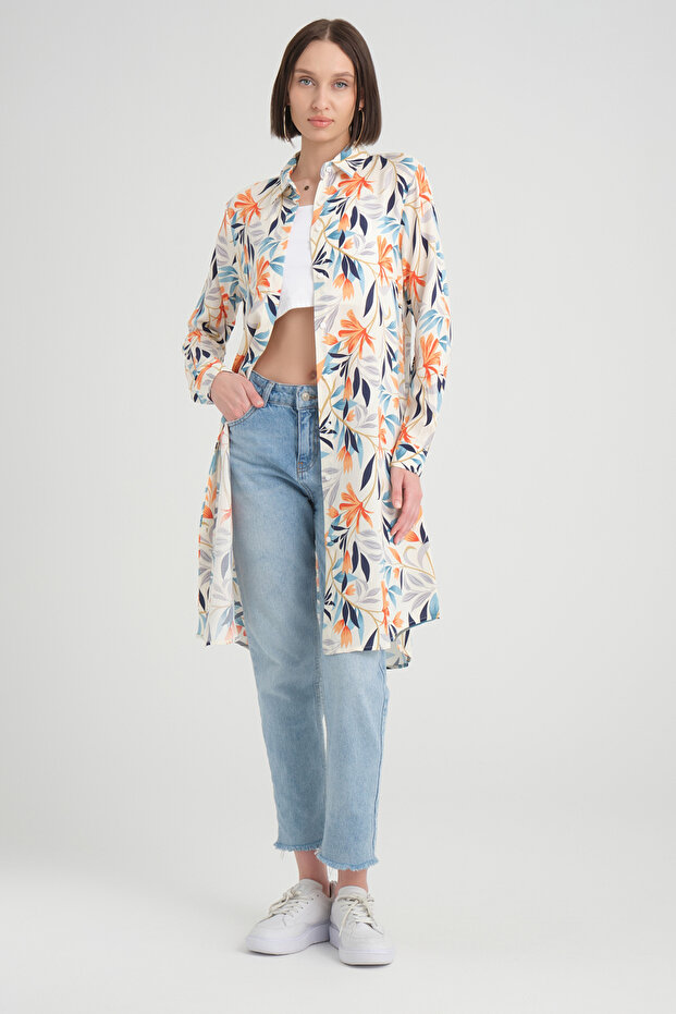 Leaf Patterned Viscose Shirt Tunic - White - 6