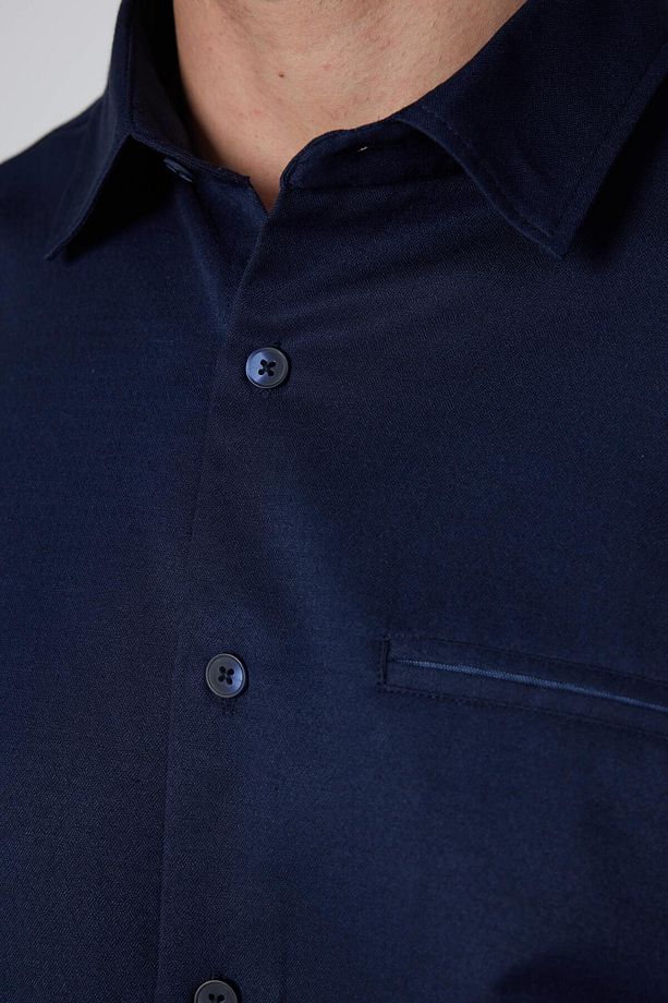 Slim Fit Uzun Kollu Dar Kesim Fleto Tek Cep Armürlü Pamuklu Lacivert Erkek Gömlek - 4