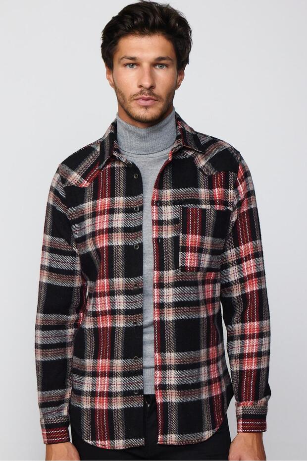 Slim Fit Uzun Kollu Dar Kesim Tek Cep Kareli Kışlık Oduncu Erkek Gömlek - 3