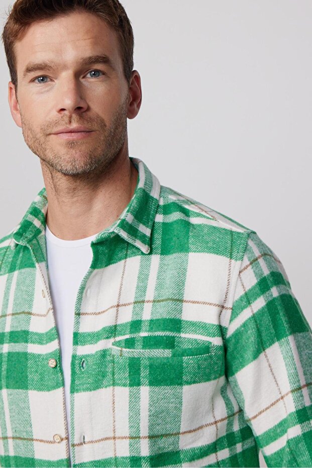 Slim Fit Uzun Kollu Fleto Tek Cepli Kareli Kışlık Oduncu Erkek Gömlek - 1