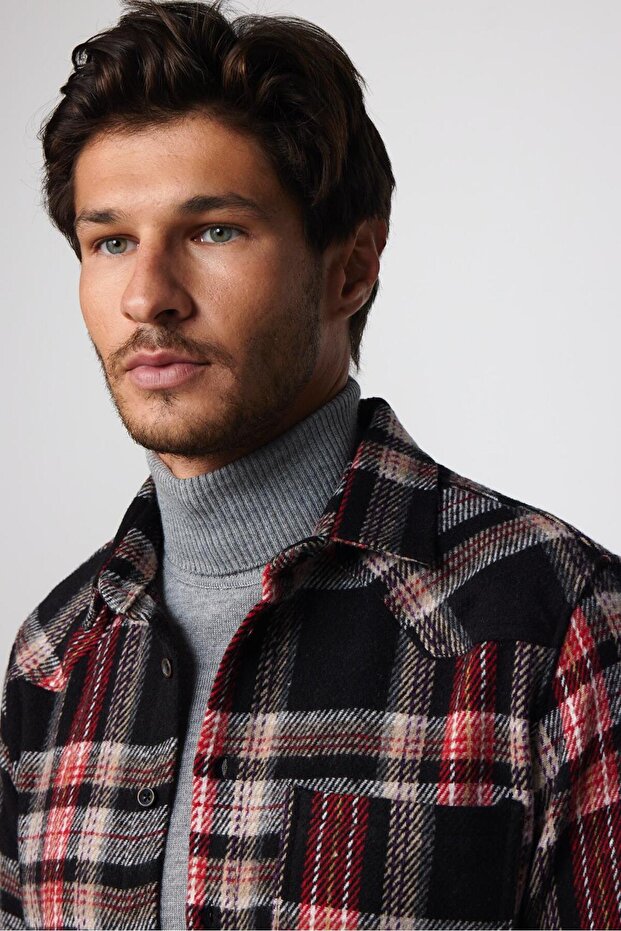 Slim Fit Uzun Kollu Dar Kesim Tek Cep Kareli Kışlık Oduncu Erkek Gömlek - 1