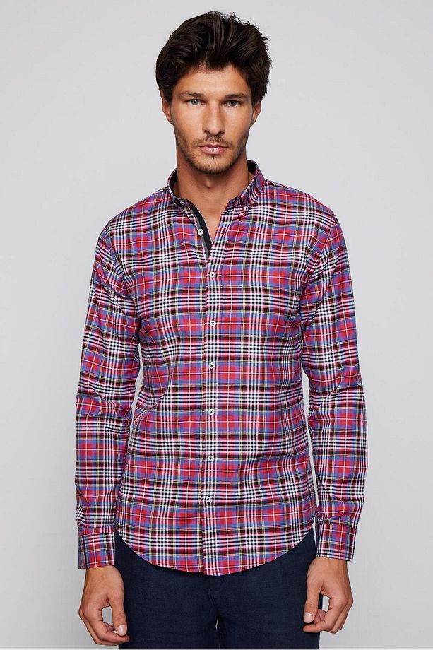 Slim Fit Uzun Kollu Düğmeli Yaka Kareli Pamuklu Kolay Ütü Erkek Gömlek - 2